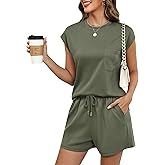 LOMON Two Piece Shorts Sets for Women Vacation Trendy Lounge Sets Crew Neck Matching Sets Cap Sleeve Airport Suits