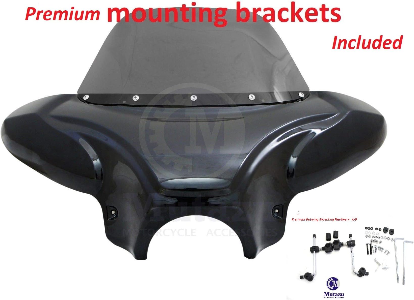 Medium Universal Motorcycle Cruiser Batwing Fairing w/Tinted Windshield/Premium Mounting Brackets WS-1-VB-Premium