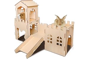 NICERINC PET Extra Large Wooden Rabbit Castle Hideaway Tunnel and Bed Small Animal Hideaway Hut Solid Safe Construction Play Hideaway Hut for Rabbit Guinea Pig Chinchilla