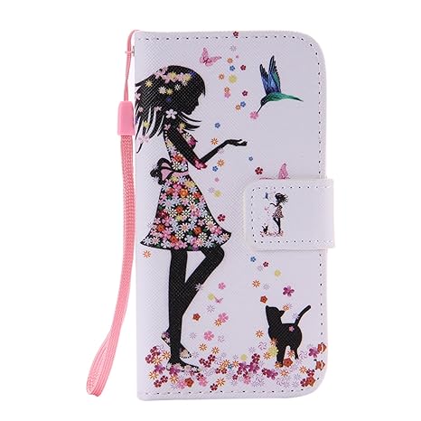 ISAKEN Kompatibel mit Galaxy S5 Mini Hülle, PU Leder Flip Cover Brieftasche Geldbörse Handyhülle Tasche Case Schutzhülle mit Handschlaufe Standfunktion für Samsung Galaxy S5 Mini - Mädchen Katze