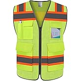 TCCFCCT Safety Vest for Men Women 5 Pockets Mesh High Visibility Reflective Vest with Reinforced Zipper, Durable Construction Work Vest with Fluorescent Orange Edge, Meets ANSI/ISEA, DW-Yellow, L