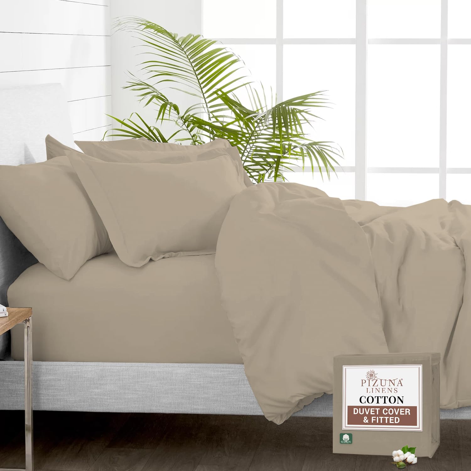 Pizuna Pure 100% Cotton Single Duvet Cover Set with Single Fitted Sheet Simply Taupe, 400 Thread Count Long Staple Cotton Bedding Set, Soft Sateen Weave Quilt Cover Set & 40 cm Deep Fitted Sheets — image 1