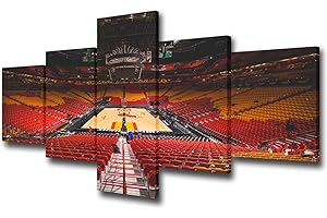 TUMOVO Basketball Sports Decor NBA Miami Heat Pictures for Living Room American Airline Arena in Florida Paintings 5 Piece Canvas Wall Art Home Decorations Artwork Framed Stretched Ready to Hang 50''Wx24''H