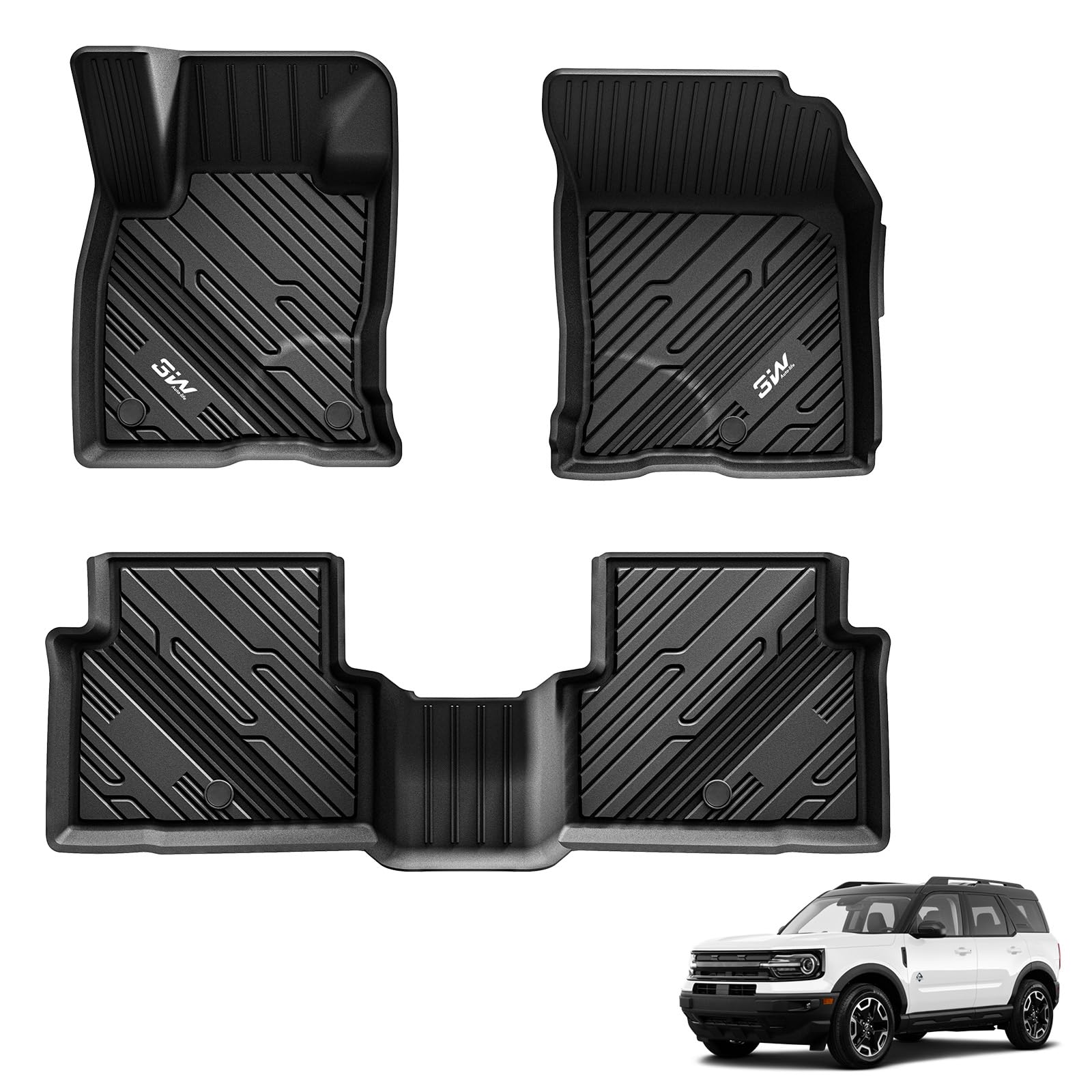 3W Floor Mats Fit for Ford Bronco Sport 2021 2022 2023 2024 2025 All Weather TPE Car Accessories Custom Fit Full Set Ford Bronco Sport Car Mats (Not for Bronco & Rubberized Floor & Outer Banks)