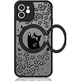 Heaofei Cute Case for iPhone 12 Case with Stand [ Compatible with MagSafe ] Kawaii Black Cat & Floral & Butterflies Pattern Design 360 Magnetic Ring Kickstand Phone Cover for Women Girls Boys