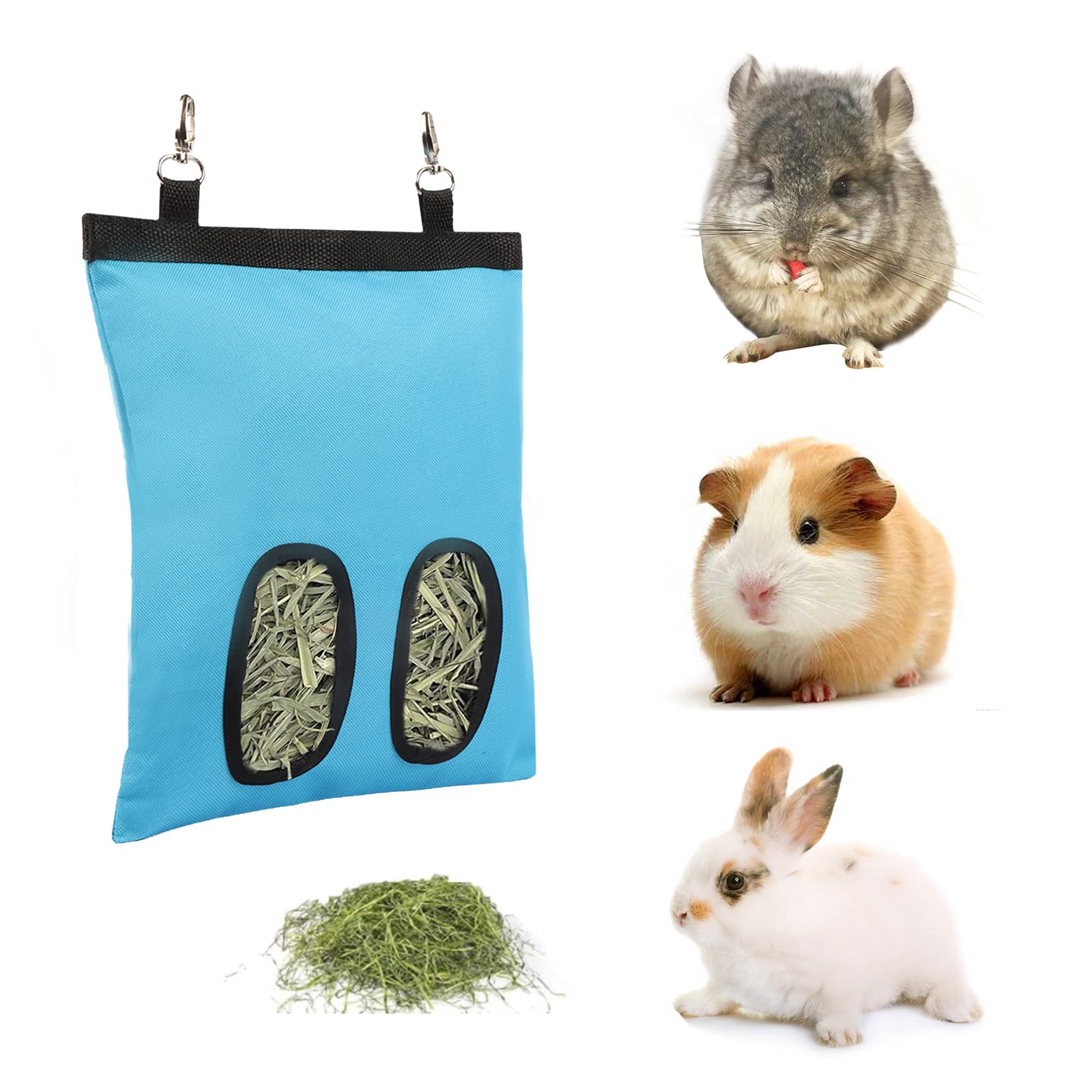 Kaket Rabbit & Guinea Pig Hay Feeder Bag with Swivel Hooks - Hanging Feeder for Rabbit, Guinea Pig, Chinchilla (Blue)
