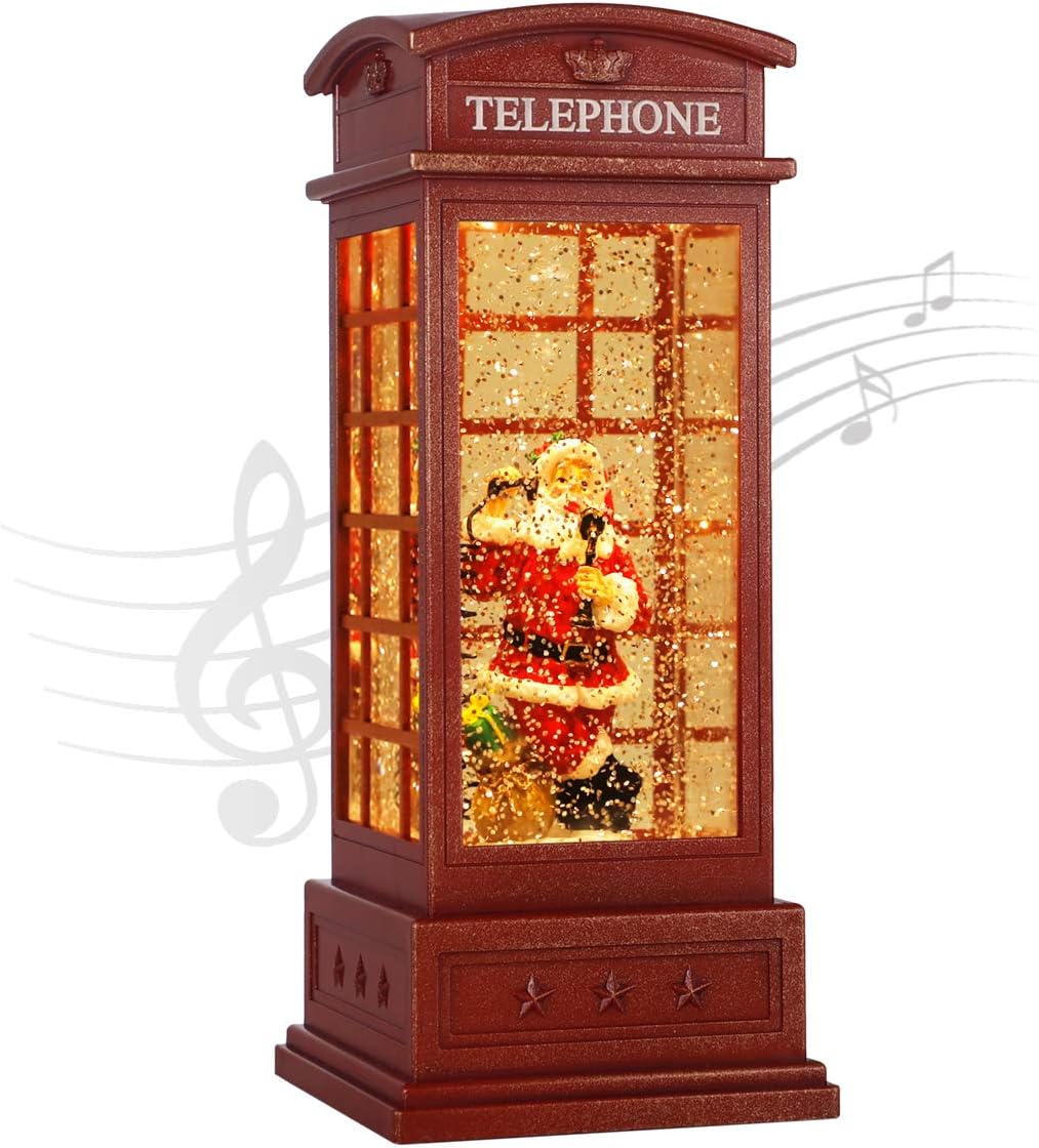 Snow Globes - Christmas Decorations,Home Lighted Christmas Snow Globe,Christmas Lantern,Water Lanterns Glittering with Christma Music USB and Battery Operated Singing Lanterns (Phone Booth - Old Man)