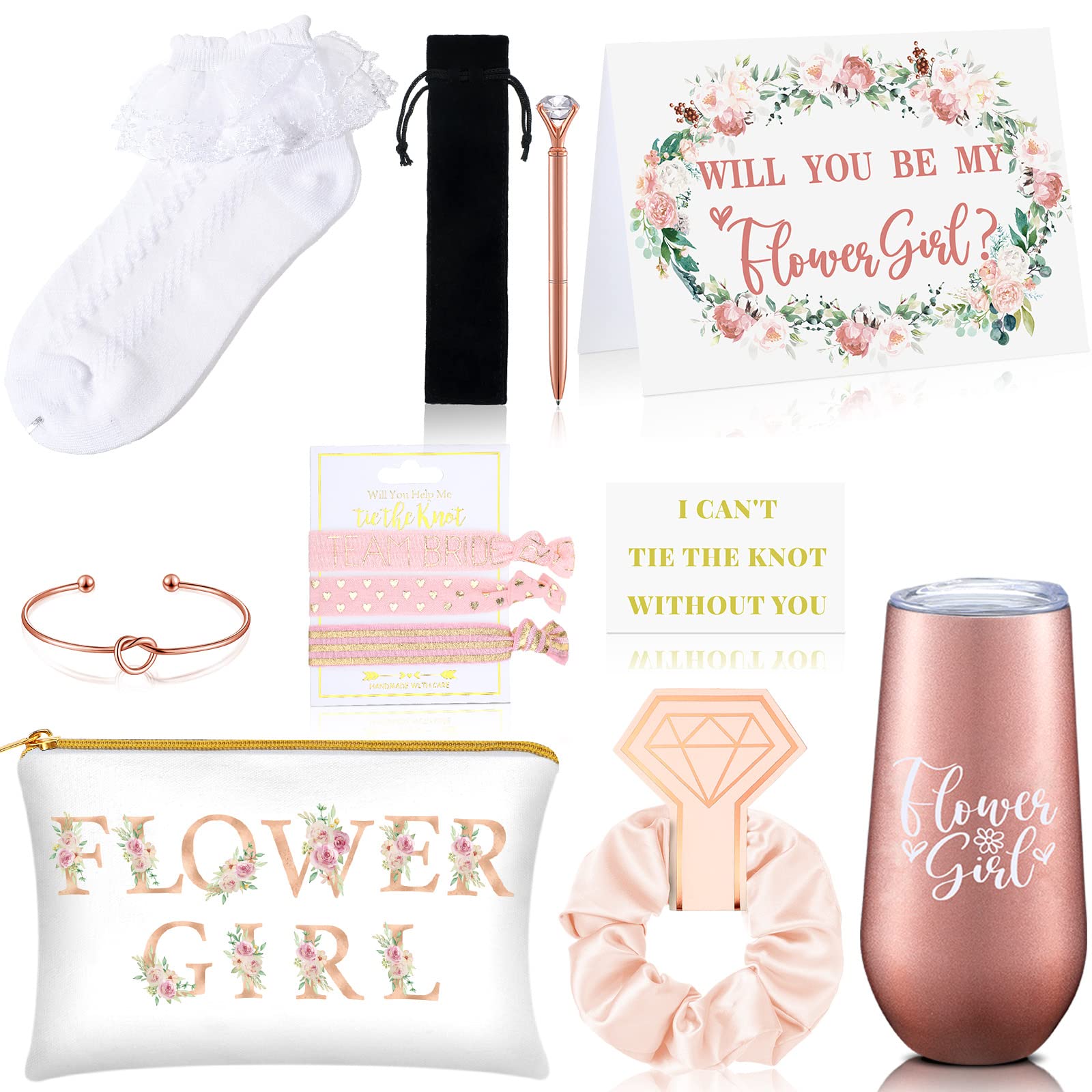 Photo 1 of Yexiya 13 Pcs Bridesmaid Proposal Box Gifts Set Will You Be My Bridesmaid Gifts 6 oz Stainless Steel Wine Tumbler Socks Scrunchie Pen for Engagement Wedding Bachelorette Party Supply(Flower Girl)
