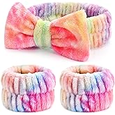 Xioldiz 3PCS Spa Headband and Wristbands Set for Women, Soft Microfiber Face Wash Headband with Cute Bow, Elastic Absorbent Wrist Towels, Makeup Skincare Accessories for Facial, Shower, Yoga