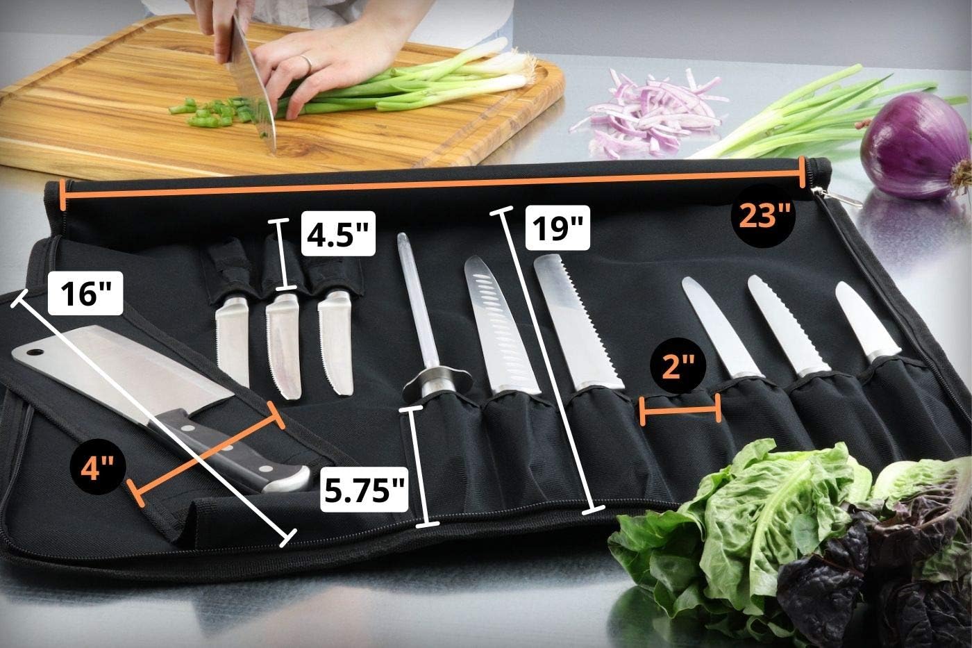 Chef’s Knife Roll Bag (14 slots) Holds 10 Knives PLUS Meat Cleaver, Utility Pocket, AND 4 Tasting Spoons! Our Durable Knife Carrier Includes Shoulder Strap and Name Card Holder. (Knives Not Included): Kitchen & Dining