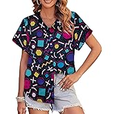 80s 90s Outfits for Women 80s Party Themed Outfit Shirt 90s Hawaiian Button Down Shirts Retro Neon Disco tee Tops