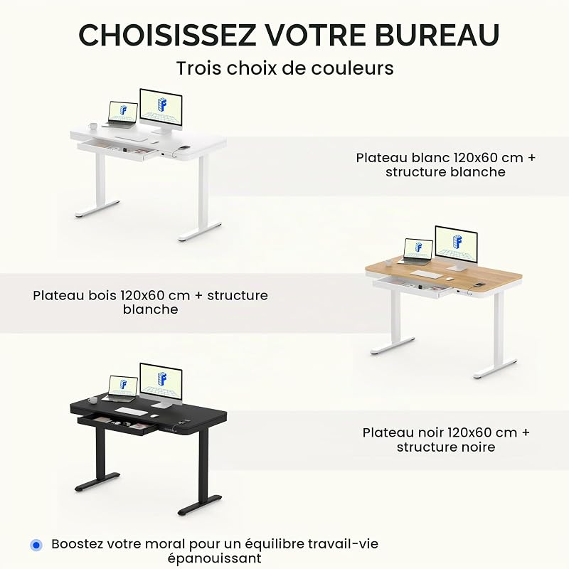 Bureau Assis Debout 120x60, Tiroir, USB-C, Verrouillage Enfant