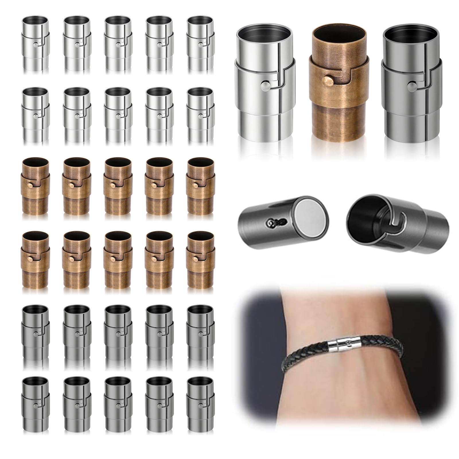 MOAMUN 30 PCS Bracelet Clasps for Jewelry Making, High Stiffness Magnetic Necklace Fasteners, Durable Bracelet Leather Rope Buckle, Jewellery Making Supplies 3 Colors (4 MM)