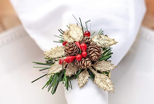 Set of Red Napkin Ring Gold Leaf Christmas Napkin Rings