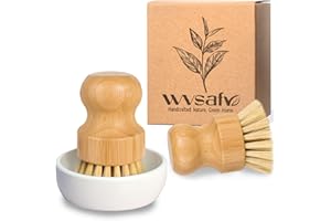 WVSAFV Bamboo Dish Brush, Eco Friendly Sisal Scrubber Brush with Ceramic Holder-Wooden Brush for Pot(Ceramic Dish+ 2P Sisal)