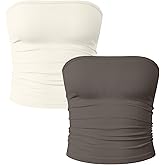 OQQ Womens 2 Piece Tube Tops Strapless Basic Sleeveless Stretch Classic-Fit Shirts Sexy Crop Tops