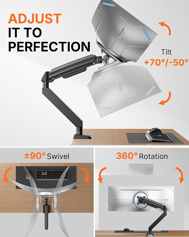 Bras de moniteur robuste pour écrans ultra larges de 13 à 49", capacité de 17 kg, support de bureau à mouvement complet, support solide comme le roc, double pince en C et support à œillets