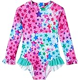 Baby Toddler Girl Long Sleeve Ruffle Swimsuit One Piece Zipper Rash Guard Bathing Suit with UPF 50+ Sun Protection