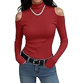 Prettywear Women Long Sleeve Shirts Mock Turtle Neck Fitted Tops Cold Shoulder Sexy Thermal T Shirt 2025 Trendy Fall Tee Red,L