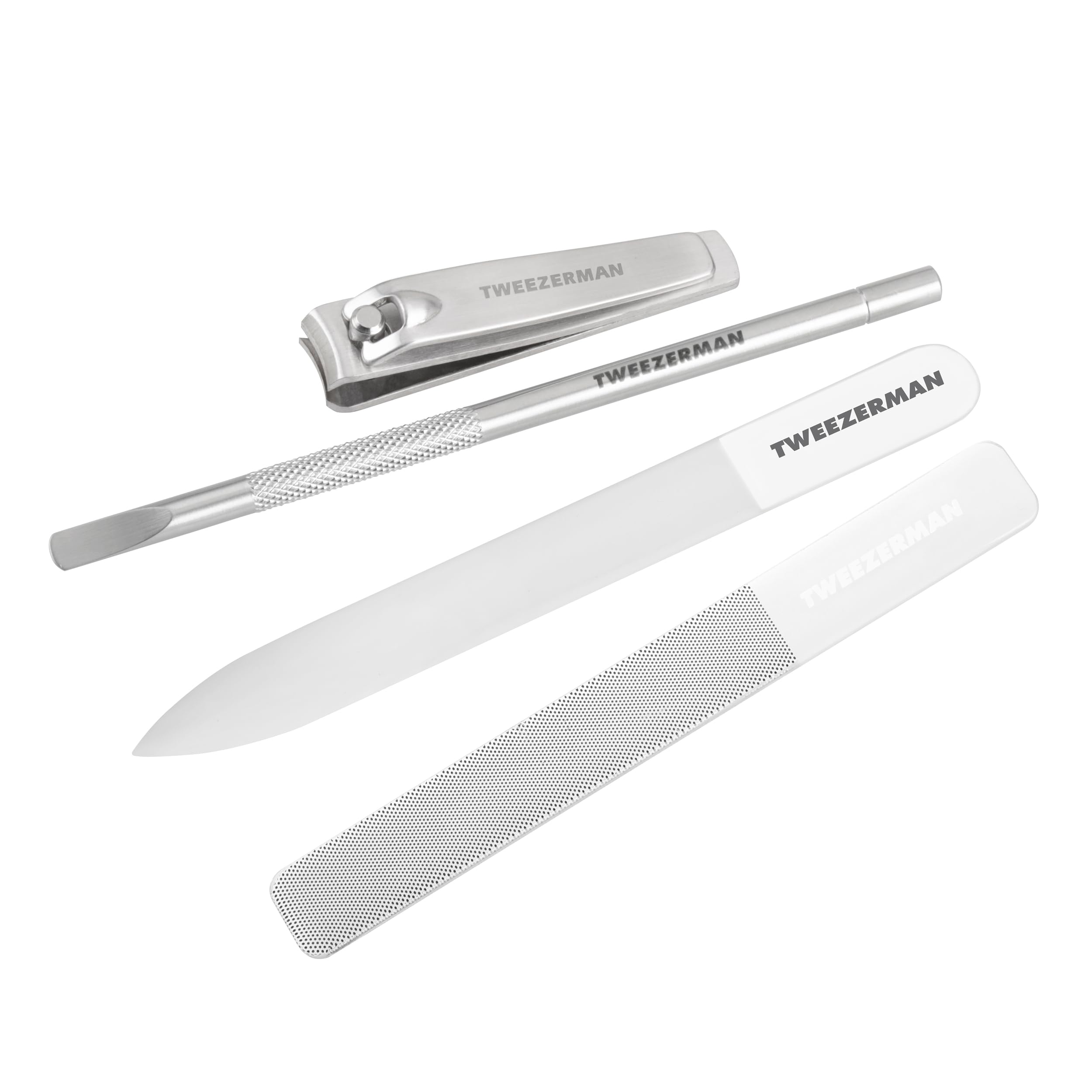 Tweezerman Glass Manicure Set, Professional Kit Includes Glass Nail File & Buffer, Nail Clippers, Cuticle Pusher, (Pack of 4)