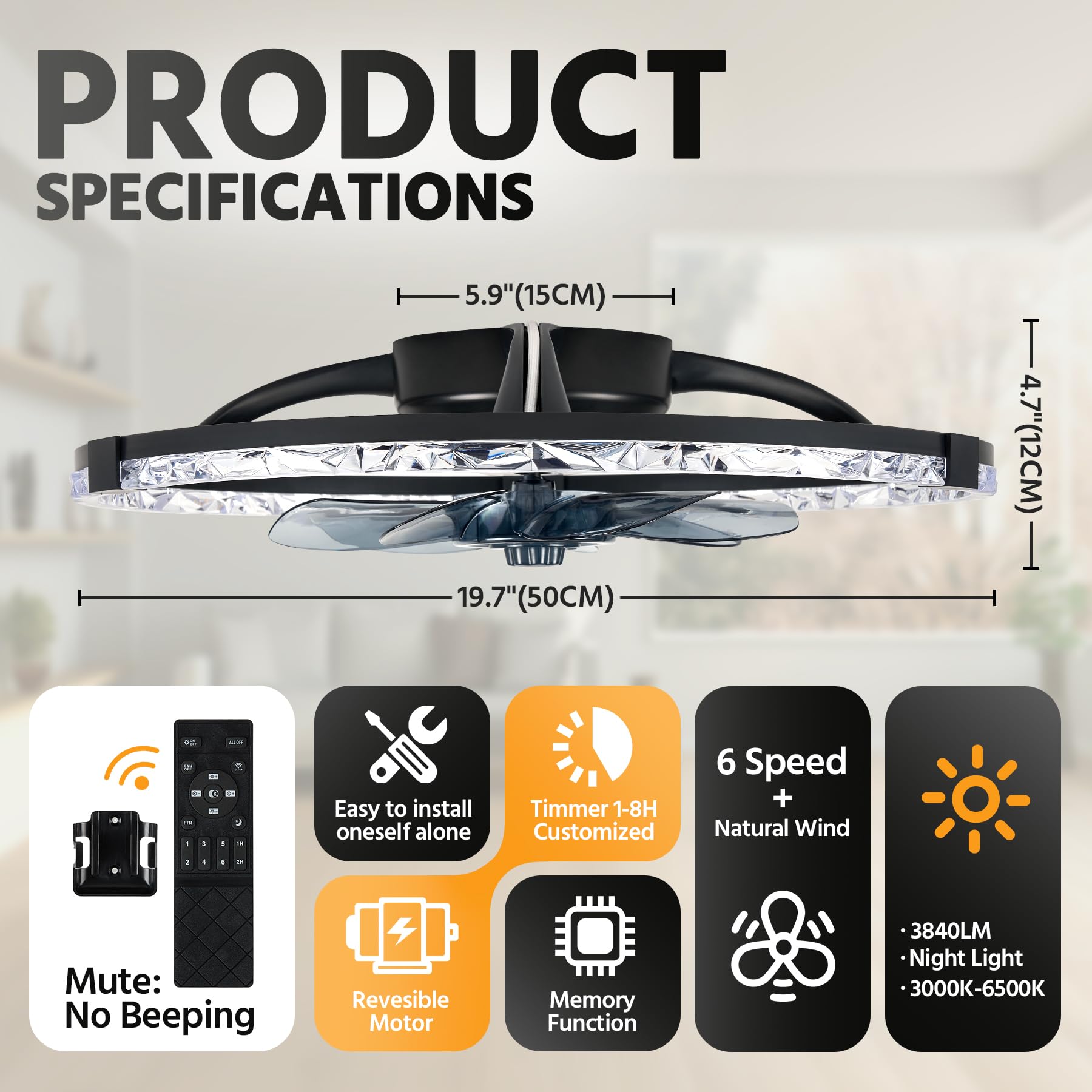 Hordxin Flush Mount Ceiling Fans with Lights and Remote, 19.7'' Ultra Low Profile Ceiling Fan, 3000K-6500K Dimming Modern LED Fan Light, 6 Wind Speeds, Black Fandelier Kitchen Fans Ceiling with Lights