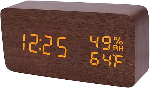 Amazon Com Raercodia Wooden Alarm Clock Modern Digital Clock Led Desk Clock Tv Stand Clock With Snooze Display Time Temperature Humidity 3 Levels Brightness Voice Control Brown Home Kitchen