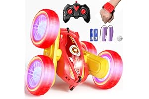 SAUFTTI RC Stunt Cars, Gesture Sensor Remote Control Car, 4WD Remote Control Monster Trucks, 2.4Ghz RC Rock Crawler with Headlights Wheel Lights, Double Sided 360° Flips RC Car Toys for Kids Boys Girls (Red)