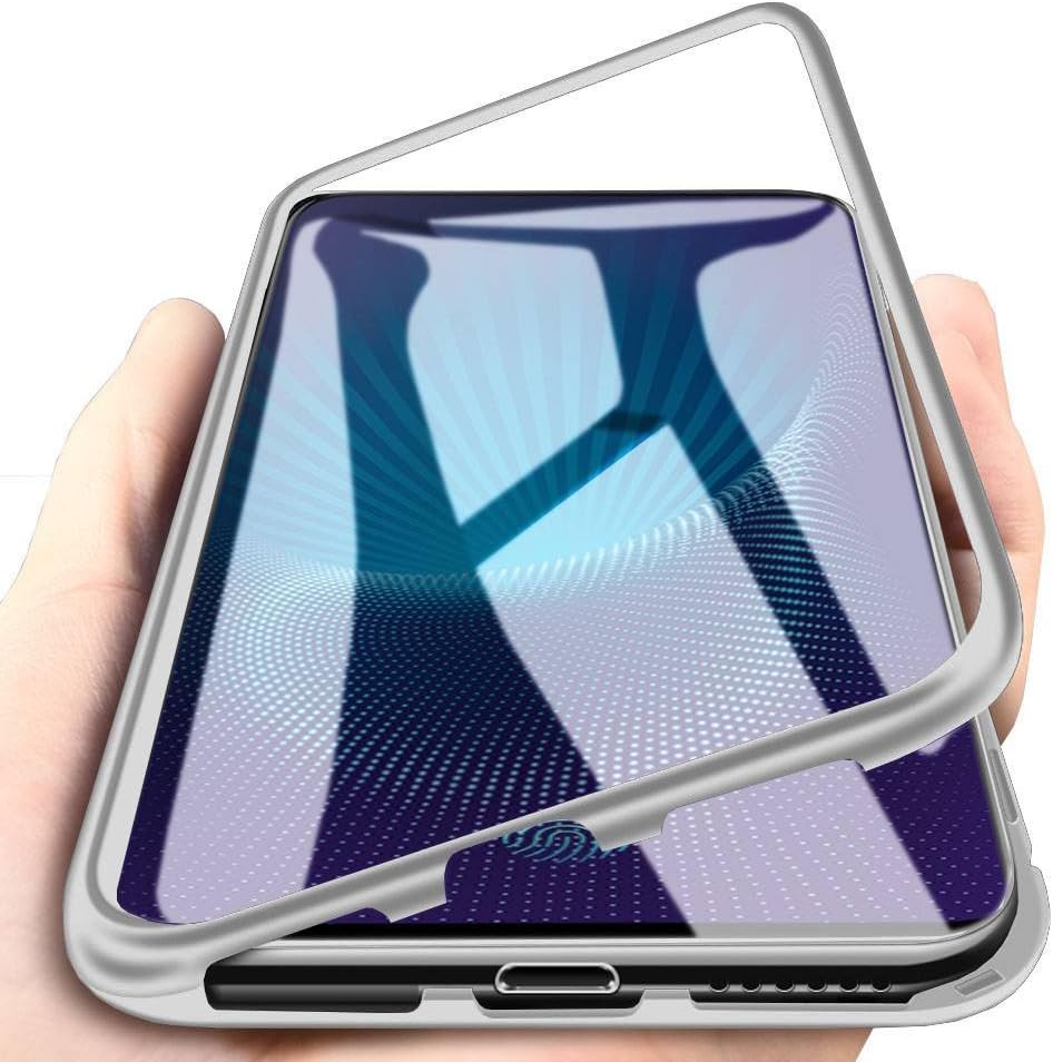 VIVO Nex S Case, Eabuy Aluminum Metal Bumper Frame + Transparent Tempered Glass Back 2 in 1 Magnetic Adsorption Case Cover for VIVO Nex S Silver [with Screen Protector]