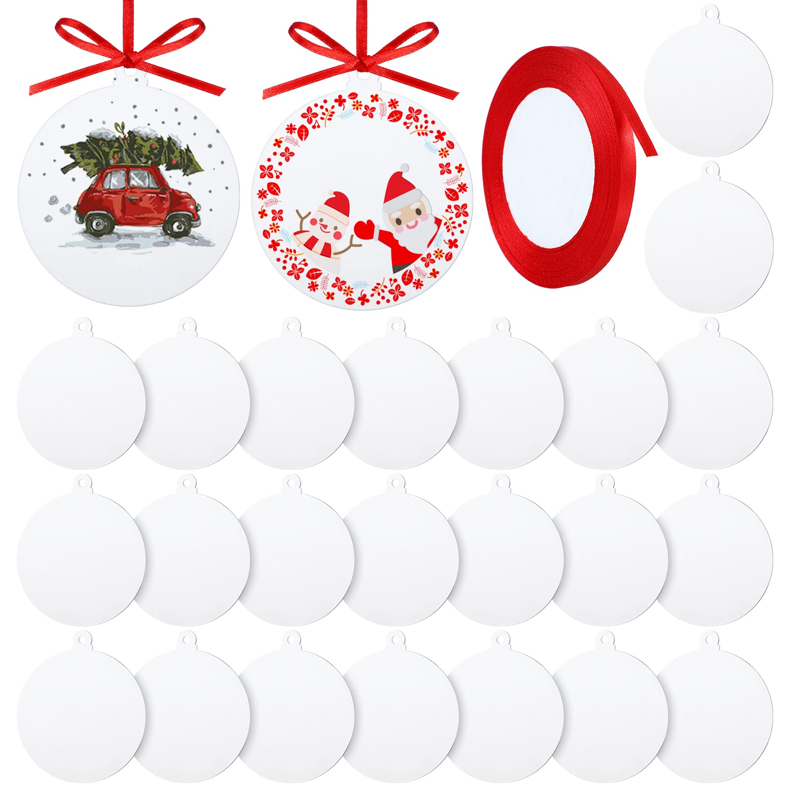 Queekay 25 Pieces White Round Acrylic Christmas Ornament Acrylic Christmas DIY White Blank Christmas Acrylic Hanging Decor with Red Ribbon for Xmas Tree Decoration Supplies DIY Crafts