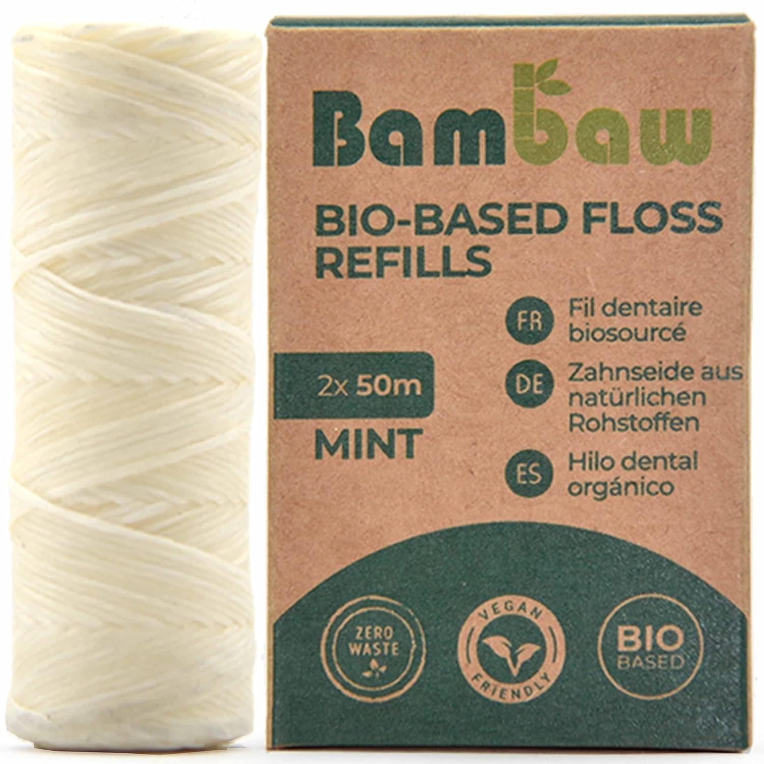 Bambaw Dental Floss | Mint Green Floss | Candelilla Wax | Zero Waste Dental Floss | Refillable Box (Vegan Floss - 2 Refills)