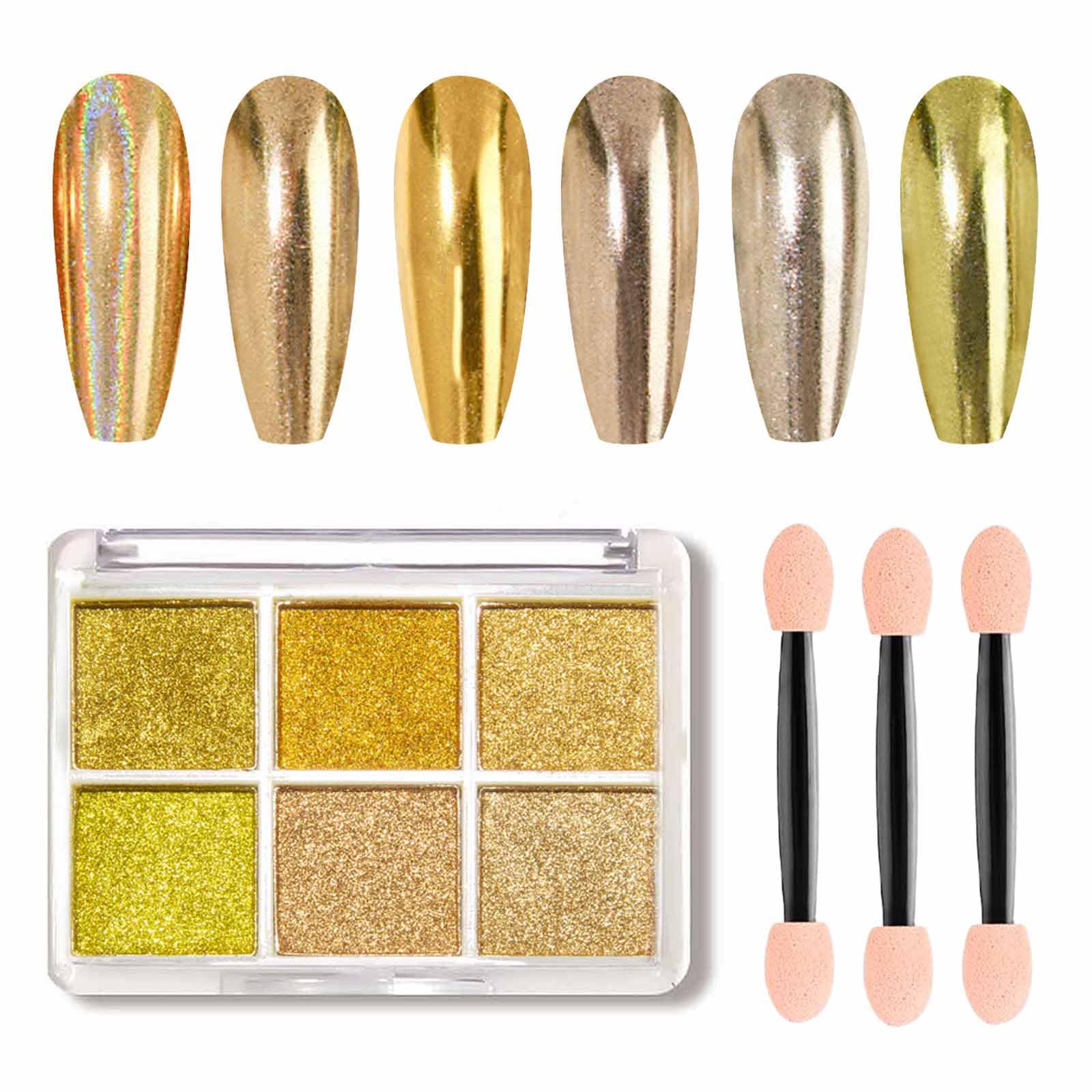 GZMAYUEN Gold Nail Holographic Gel Chrome Powder, 6 Colors Metallic Powder for Gel Nails Mirror Nail Art