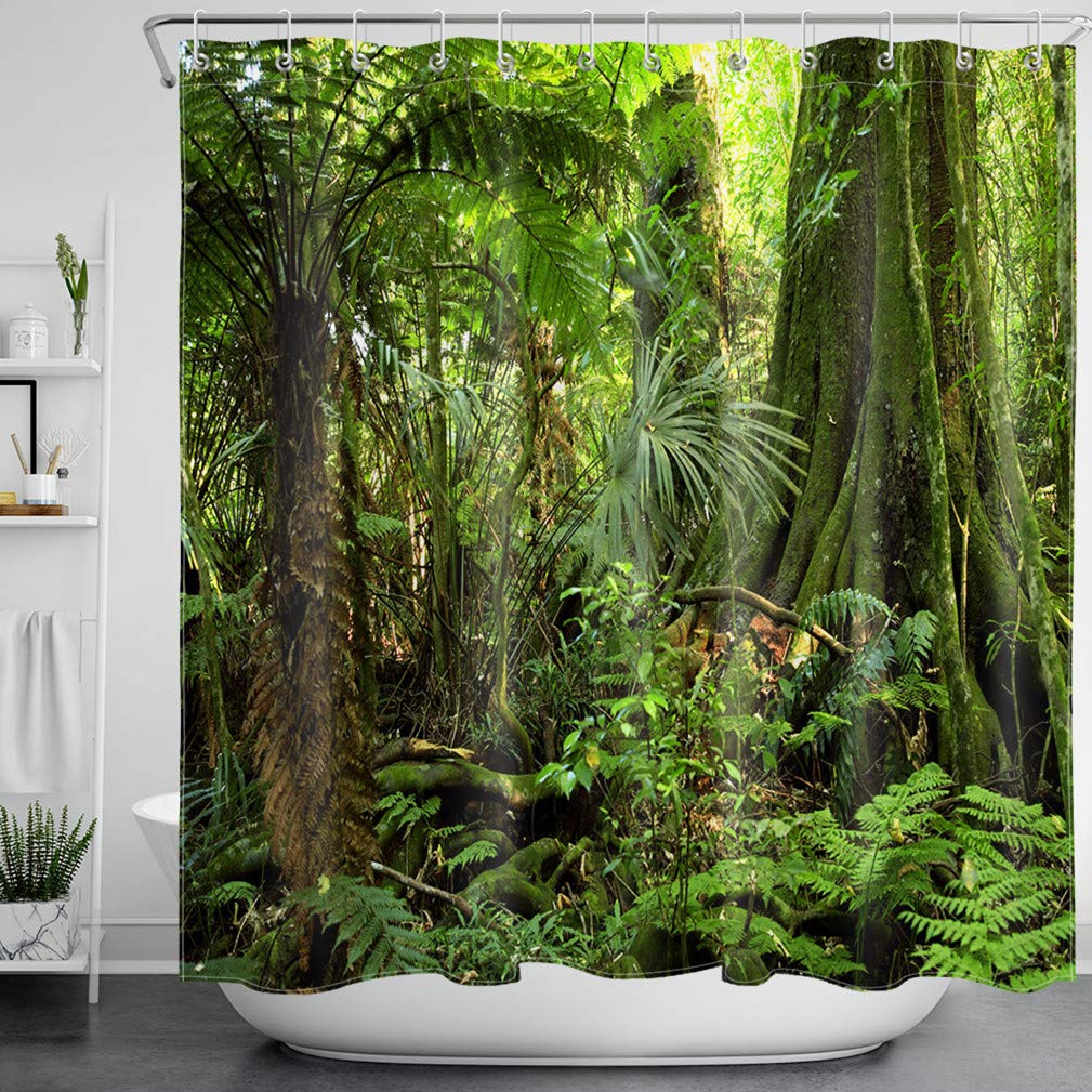 LB Green Shower Curtain Tropical Forest Nature Palm Tree Plants Shower Curtains for Bathroom with Hooks, Waterproof Mould Proof Resistant Polyester Fabric for Wet Room Bath Garden Decor, 180x180cm