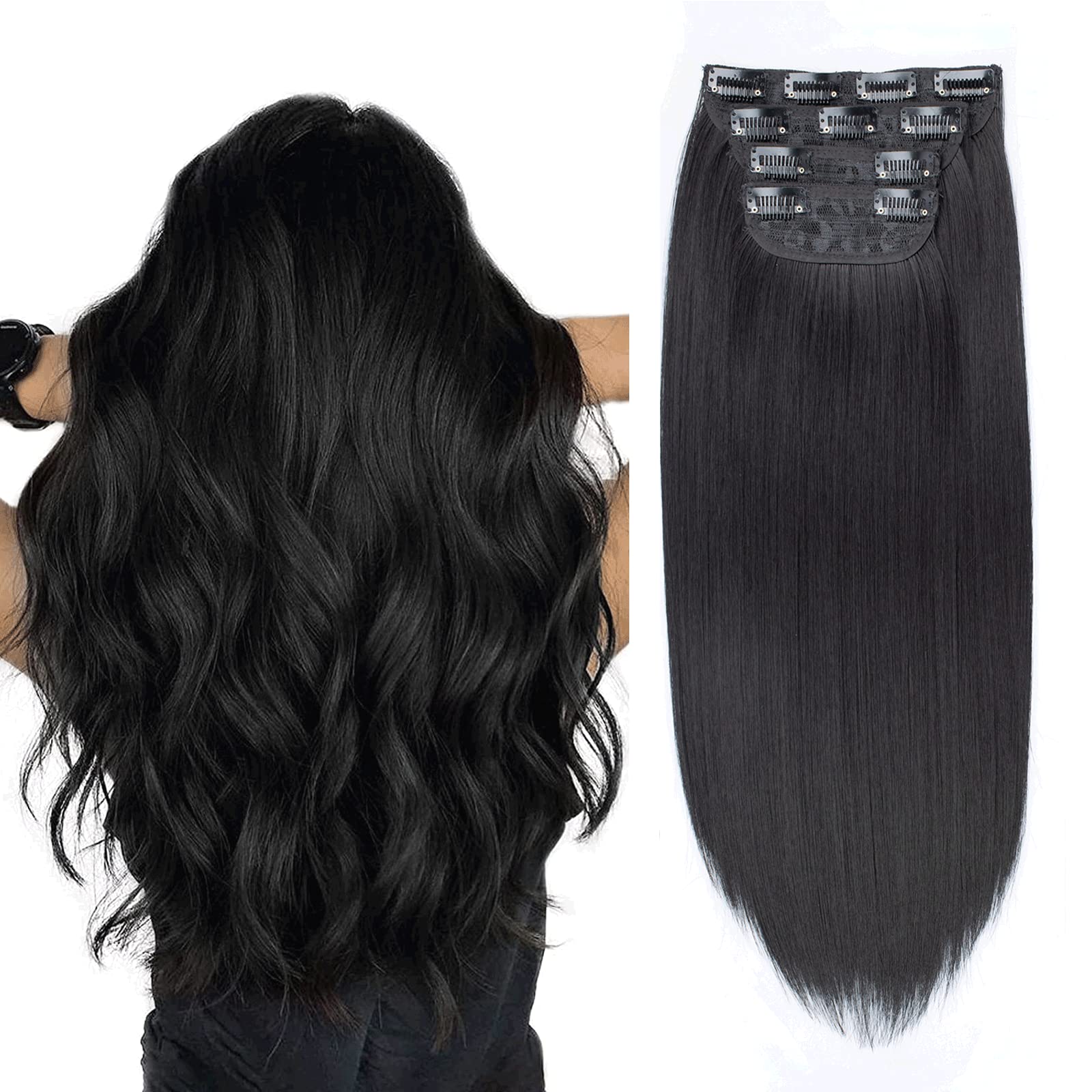 Xtrend Black 16 Inch Clip in Hair Extensions 4Pcs 11Clips Straight Thick Full Head Double Weft Clip on Synthetic Hair Extension Hairpieces for Women Daily Use 1B# — image 1