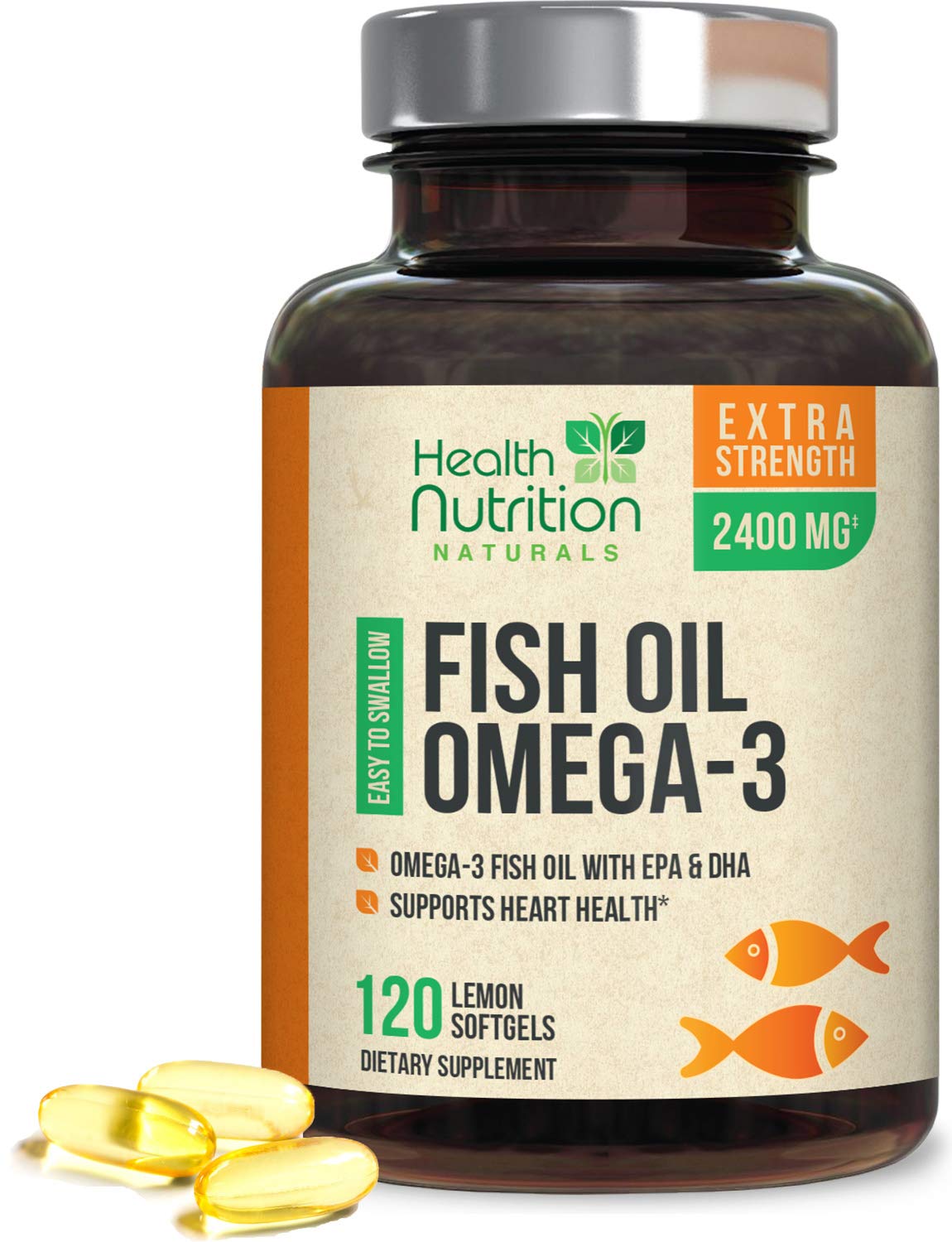 Omega-3 Fish Oil Supplement, Triple Strength 2400mg High EPA 864mg and DHA 288mg for Natural Heart Support and Brain Support, Wild Caught Non-GMO, Lemon Flavor - 120 Softgels