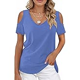 Buauty Womens Summer Trendy Shirts V Neck Criss Cross Cold Shoulder Tops Solid Color Fashion Casual Loose Sexy Blouse
