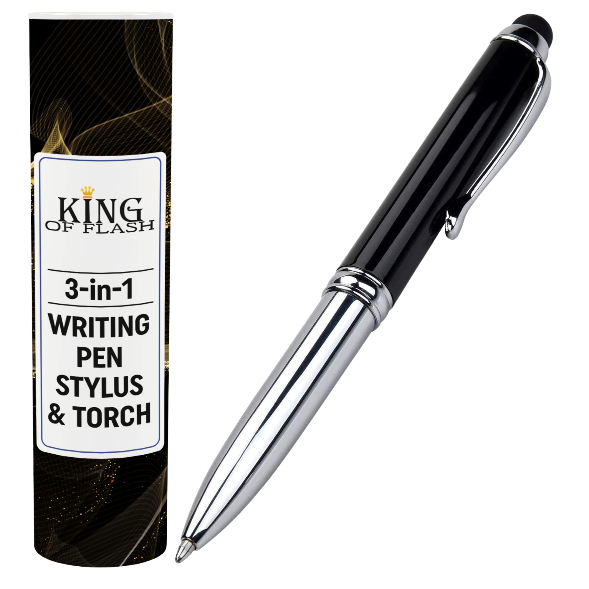 KING OF FLASH 3-in-1 Stylus Pen With Light, Capacitive Aluminium Pen Stylus, LED Torch Light, Ballpoint Pen (Black) — image 1