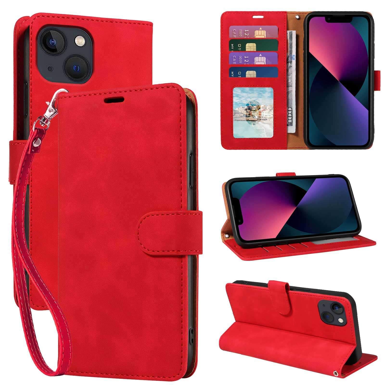 GOTOURED for iPhone 13 Wallet Case, [RFID Blocking 4 Card Slots] [Wrist Strap] [Kickstand] [Magnetic Closure] Shockproof Protective Soft Leather for iPhone 13 Cover Flip Cases (Red)