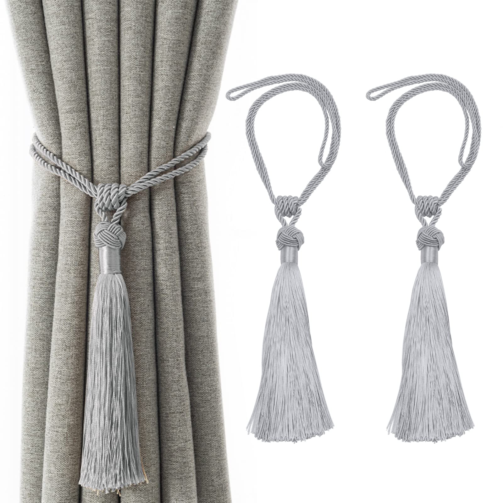VEGCOO Curtain Tiebacks, 2 Pack Handmade Woven Rope Tassel Tie Backs Curtain Holdbacks Clips for Home Bedroom Window Decoration (Grey, 1 Pcs)