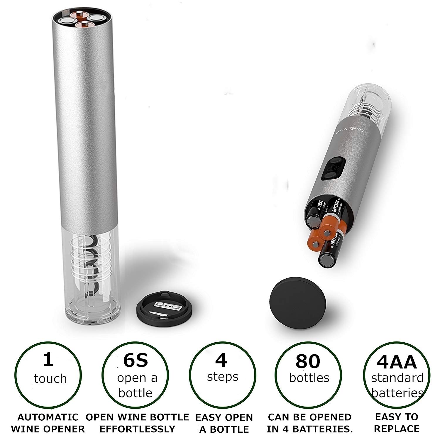 Iwine Electric Wine Opener, Wine Corkscrew Stainless Steel Bottle Opener,Removable Foil Cutter (Silver)