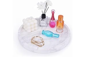WORHE Natural Marble Decorative Tray for Bathroom Bedroom Kitchen Dresser, Large 10.6" Round Vanity Trays for Jewelry, Perfume, Cosmetic, Candle, Countertop Storage Organizer for Home Decor (WH037)