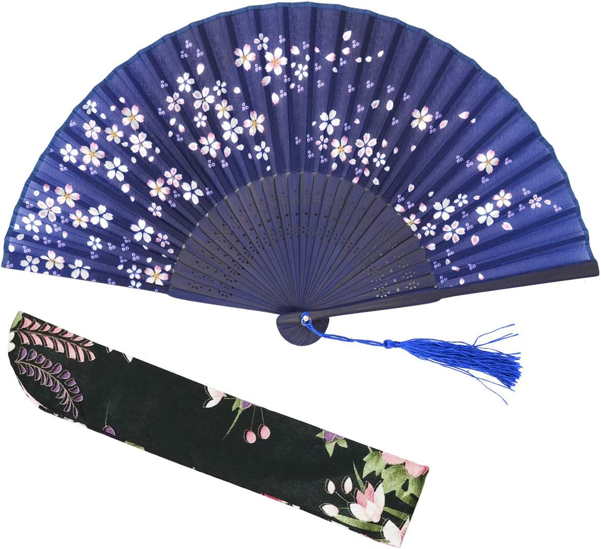 LysaWomen Hand Held Silk Folding Fan with Bamboo Frame-Silk Tissue Protective Sleeve - Chinese/Japanese Style of “Sakura Butterfly Love” Pattern (Little Sakura-Blue)
