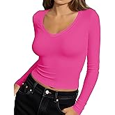 Artfish Women's Long Sleeve V Neck Crop Top Ribbed Knit Slim Fitted Basic T-Shirts