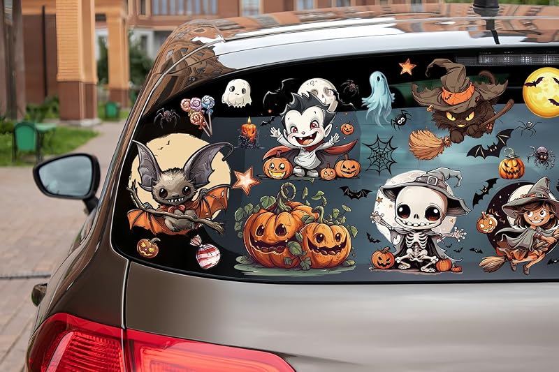 12 hojas de calcomanías de ventana de Halloween de gran tamaño, decoraciones de murciélagos, arañas, vampiros y brujas, calcomanías para ventanas de Halloween