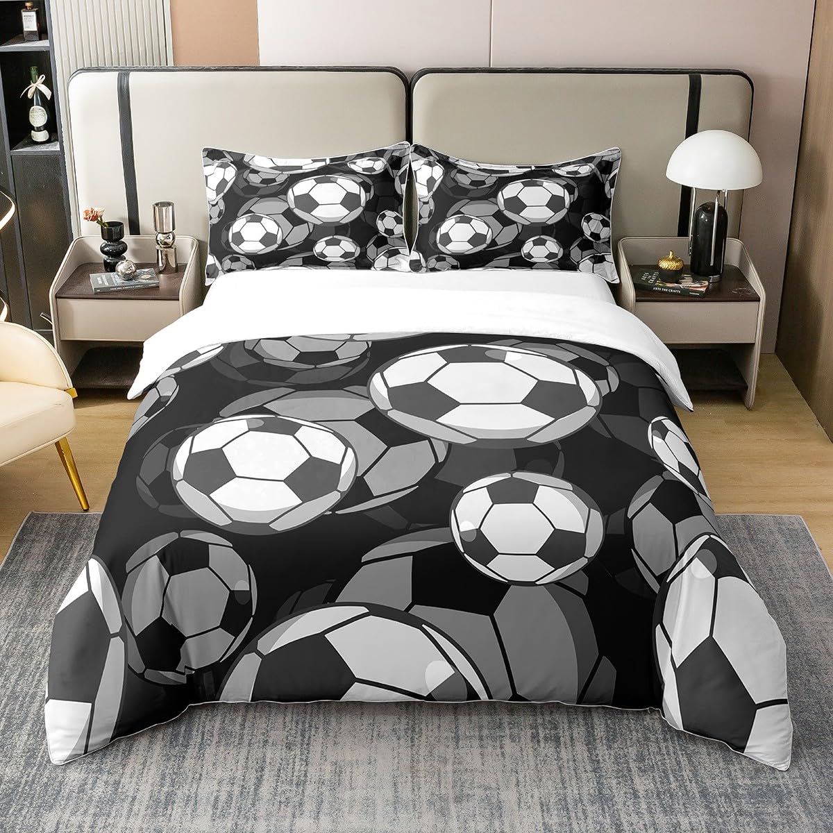Homewish Kids Soccer 100% Cotton Duvet Cover Double Football Comforter Cover European Sport Game Bedding Set Player Field Quilt Cover,Cartoon Decor 3Pcs with 2 Pillowcases,Black White — image 1