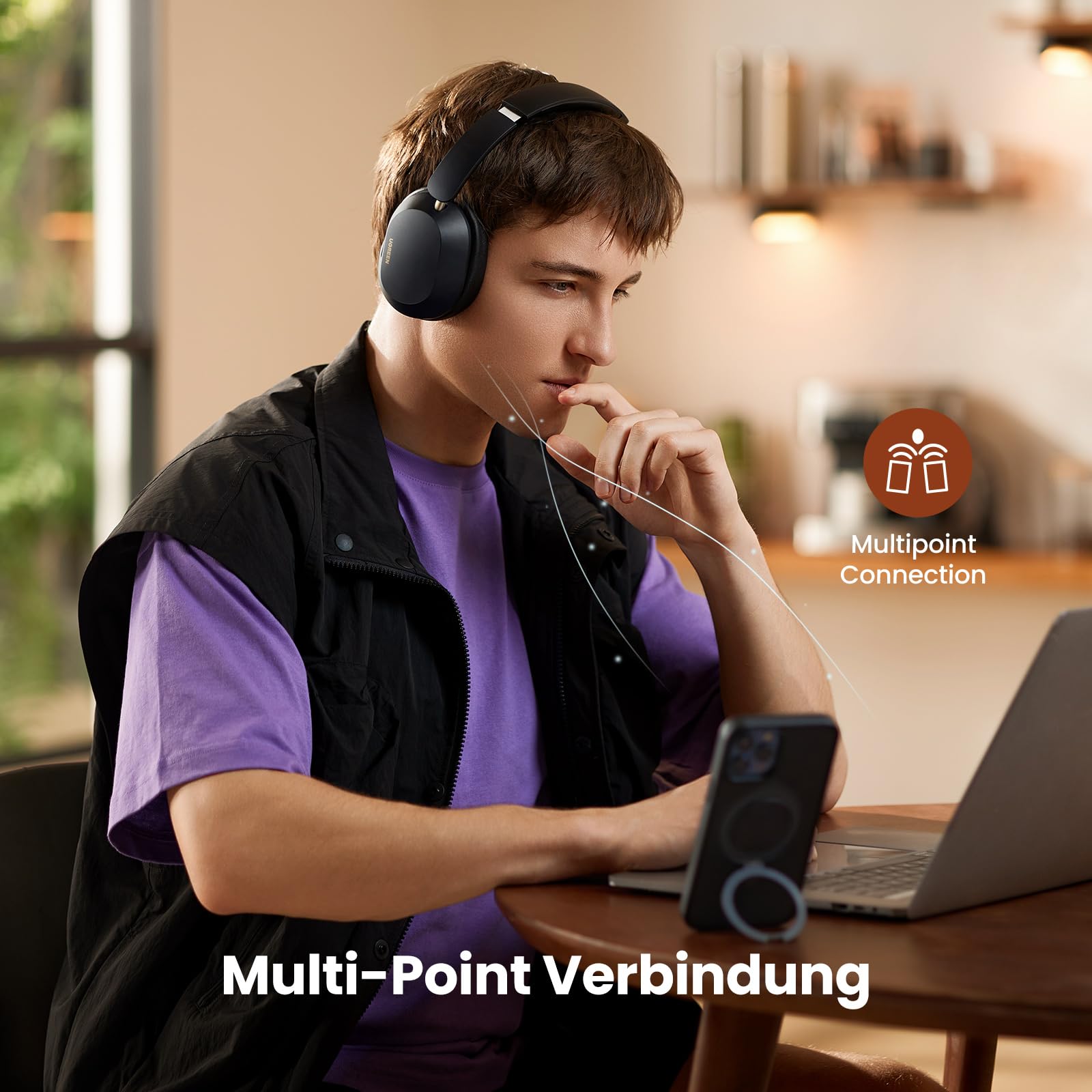 UGREEN HiTune Max5c Bluetooth Kopfhörer Over Ear mit Hybrid Active Noise Cancelling, Hi-Res Audio, LDAC, 75h Akku, Bluetooth 5.4, Spatial Audio, EQ in App, Duale Verbindung (Schwarz) 8