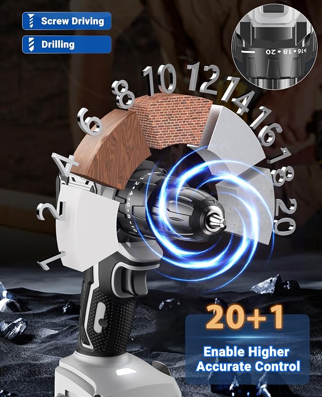 Akkuschrauber Bürstenlos 21V, Akku Bohrschrauber mit 2 Akkus 2.0Ah, 45N.m Akku Bohrmaschine, 2 Gang, 20+1 Drehmomentstufen, LED Licht, 14tlg Zubehöre Set für Garten DIY Projekt, Grau — Foto 4 von 7