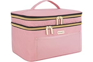 BAFAMYE 8.8L Double Layer Travel Makeup Bag Women, Large Cosmetic Case, Organizer for Travel-Size Accessories Bottles, Brushes, and Skin Care Products, Pink 2.33 GAL
