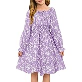Haloumoning Girls Fall Long Sleeve Floral Dresses Kids Square Neck Smocked Holiday Party Dress 5-14 Years