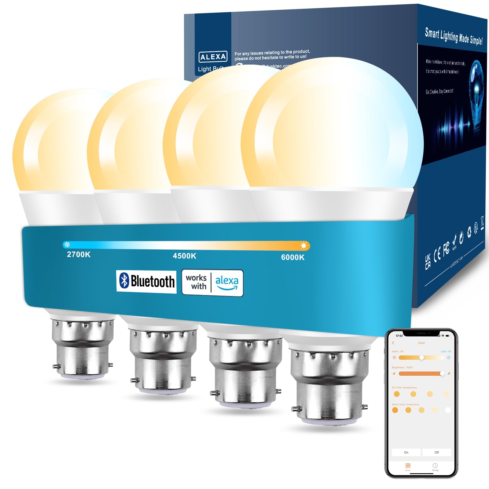 DUSKTEC 12W Smart Bayonet Bulb B22, 120W Equivalent Alexa Light Bulbs APP & Voice Control, Warm White to Daylight Dimmable Bluetooth Bulb Timer, A60 Energy Saving, 1200LM, No Hub, 4 Pack