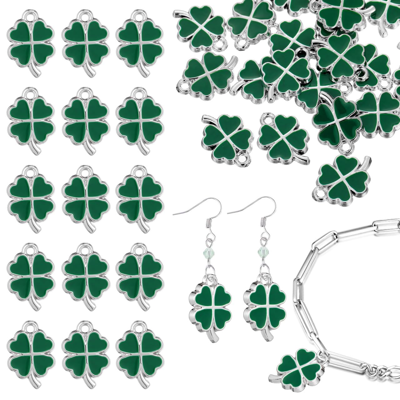 Shamrock Charms - 50pcs Lucky Four Leaf Beads, DIY Dangle Pendant for Earrings, Bracelets, Necklace, St Patricks Shamrock Ornaments for Jewellery Making